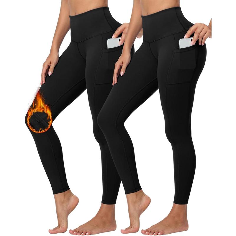 TikTok Shop 2 Pack Women s Fleece Lined Leggings with Pockets Winter Warm Lined Workout Yoga Pants High Waisted Thermal Tights