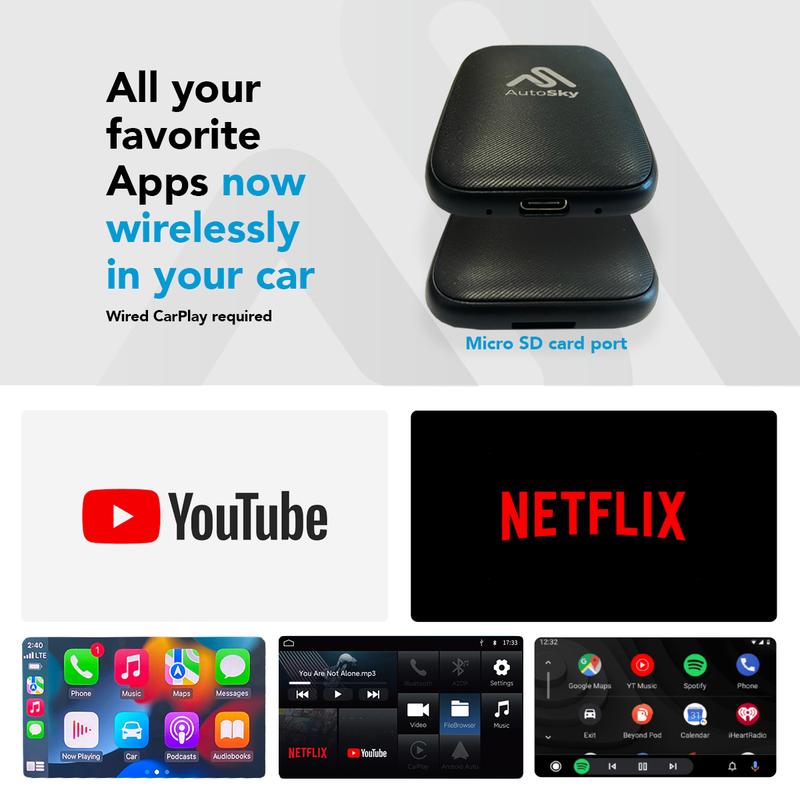 AutoSky Wireless CarPlay and Android Auto AI Box Lite - Supports Netfl -  AutoSky