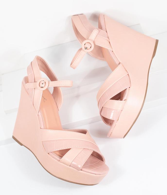 TikTok Shop Blush Pink Crocodile Embossed Cross Wedge Sandals