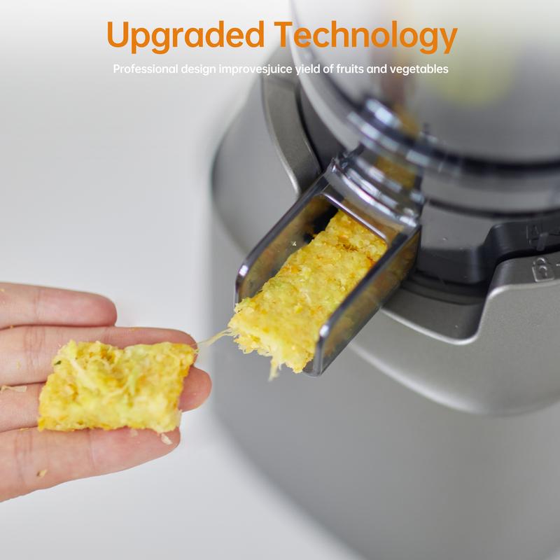 Product Introduction of Olayks Slow Masticating Juicer, Juice and Pulp Separator, Automatic Cold Press Juicer for Home, Large Chute Fruit Juice Extractor, Easy to Clean, gift 4