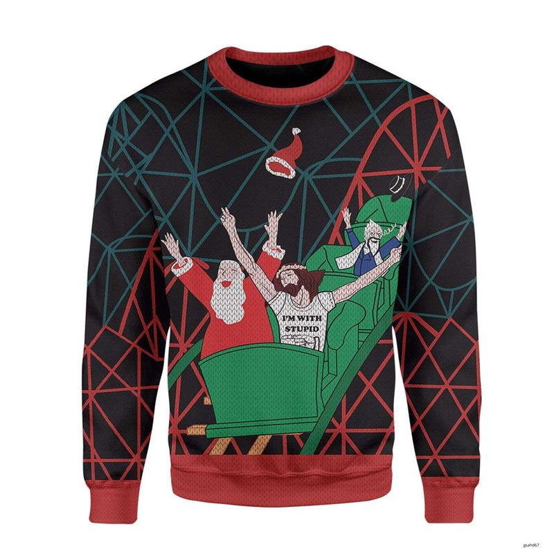 TikTok Shop Santa And Jesus Roller Coaster Ugly Christmas Sweater All Over Print Christmas Ugly Sweater