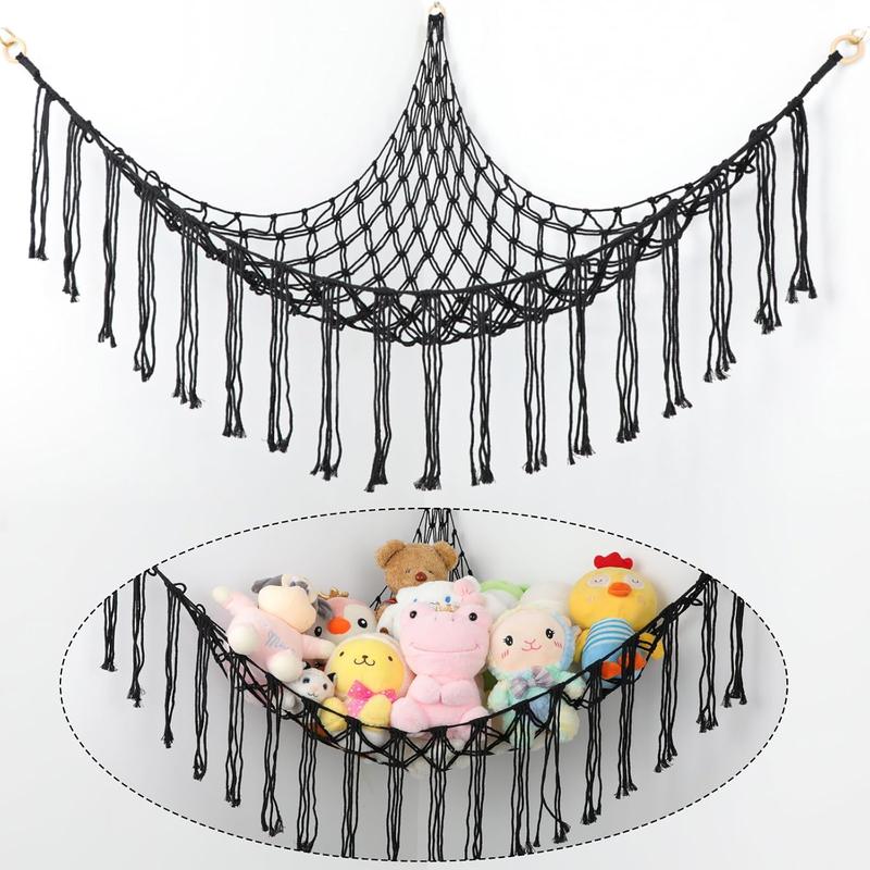 TikTok Shop Boho Stuffed Animals Net or Hammock Large 55 inch Toy Hammock Macrame Stuff Animal Storage Corner Hanging Net Holder Mesh Hammock Plush Toy Organizer with Hooks for Bedroom Nursery Black