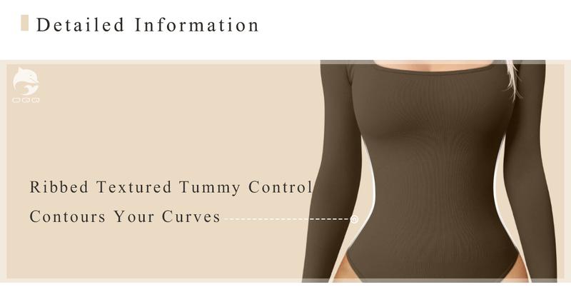 OQQ Women's 2 Piece Bodysuits Sexy Ribbed One Piece Square Neck Long Sleeve  Bodysuits Black Beige at  Women's Clothing store