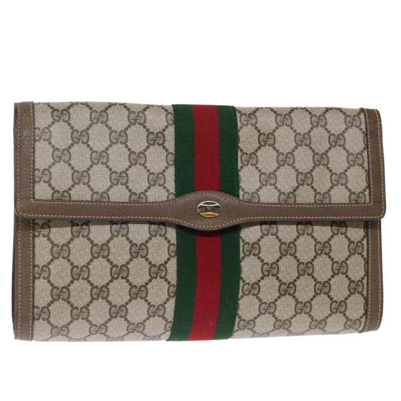 TikTok Shop Pre owned GUCCI Canvas Clutches Wristlets GG Supreme Web Sherry Line Clutch Bag PVC Beige Red