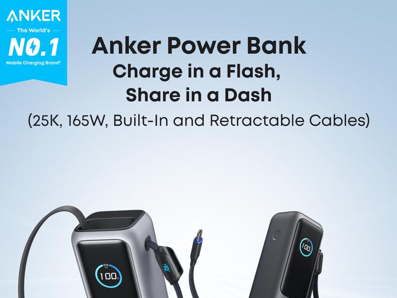 Anker Power Bank 25K 165W with Built-In and Retractable Cables
