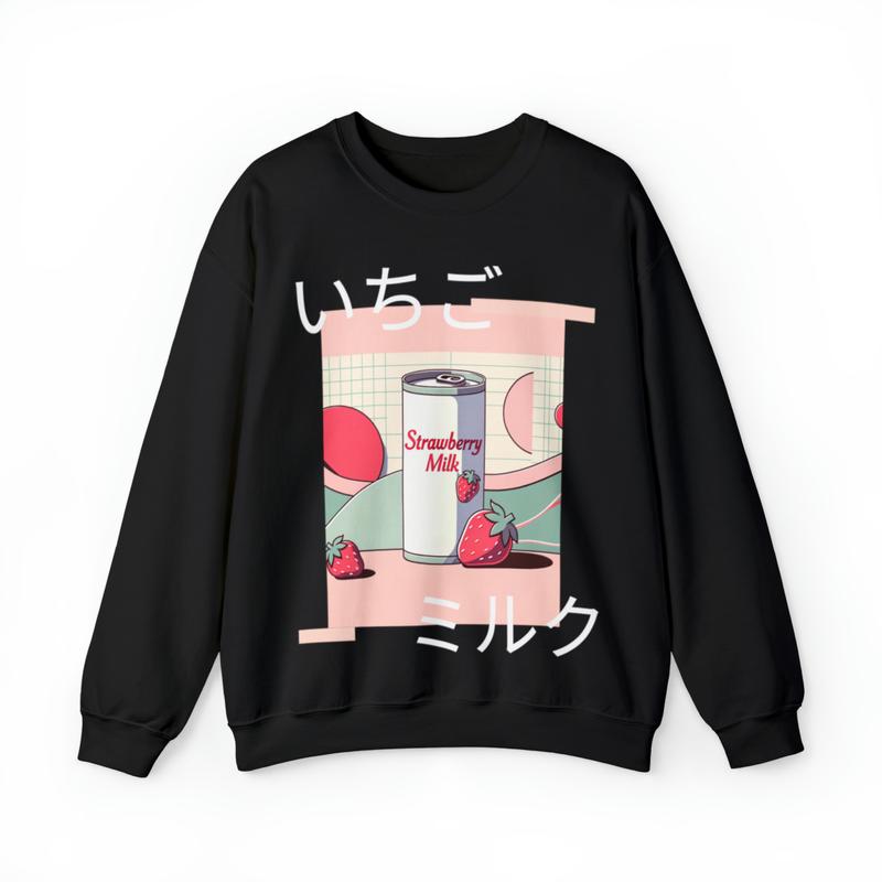 TikTok Shop 90s Retro Japanese Strawberry Milk Sweatshirt Minimalistic Pastel Apparel Vintage Aesthetic Clothing Unique Gift Idea