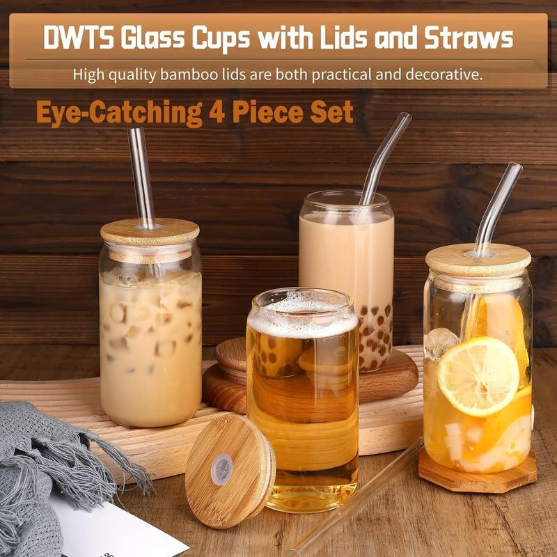 NewHome 16oz. Mason Jar Cups w/Bamboo Lids Glass Straws & Cleaning Brush in Transparent