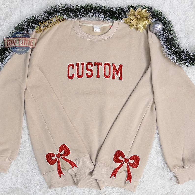 TikTok Shop Custom Applique Style Embroidered Sweaters Custom Text Glitter Applique Embroidered Sweatshirt Bow Side Cut Sweaters