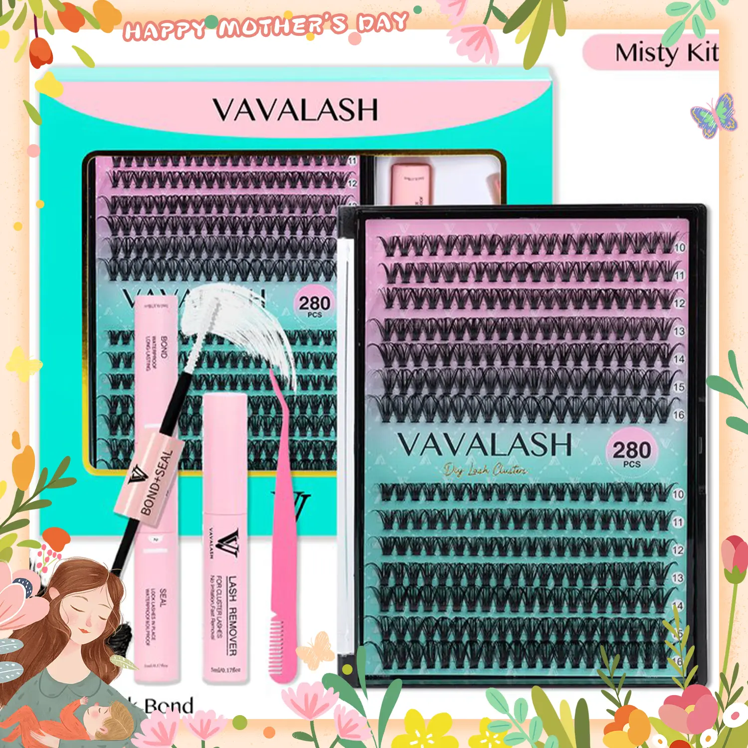 VAVA BEAUTY Misty Kit Clusters, DIY Lash Extension Springtok Bond&Seal, Tweezer, Remover For Girl at Home Makeup Cosmetic - Individual Eyelash Extensions