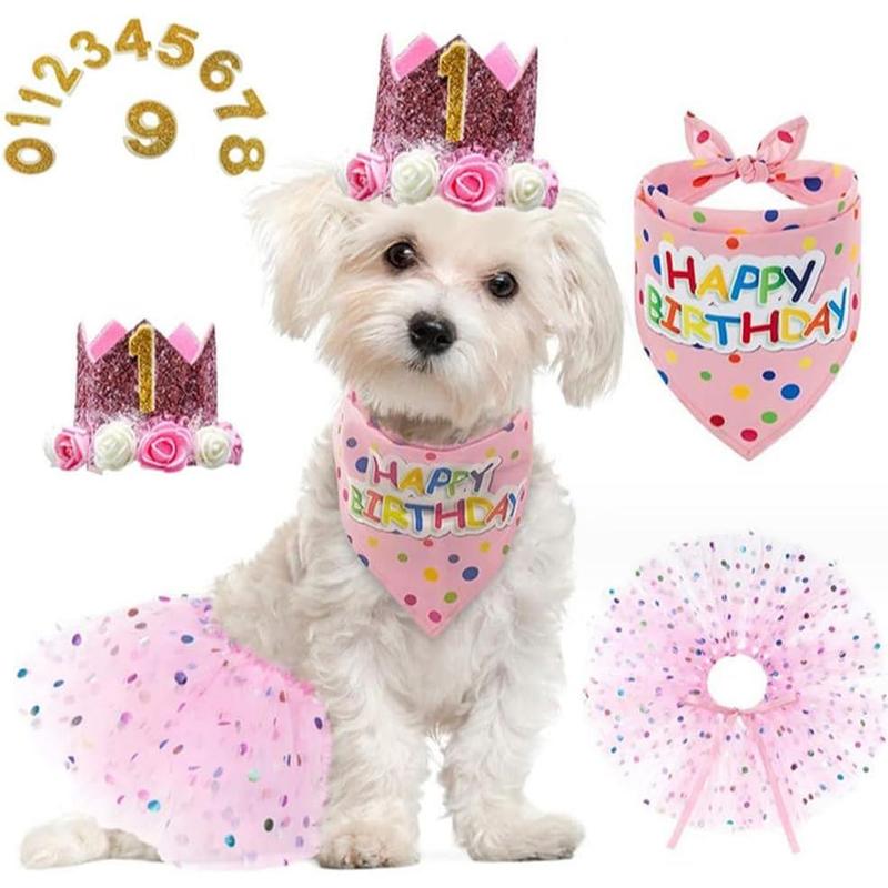 TikTok Shop Pink Girl Dog Birthday Outfit Suit Pet Crown Hat with 0 9 Figures Polk dots Puppy Tutu Skirt and Bandanas Birthday Party Supplies for Small Medium Dog Cat A