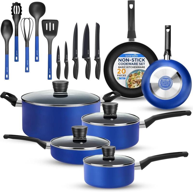 Serenelife 20-Piece Blue Cookware And Knives Set: Unleash Your Inner Chef!