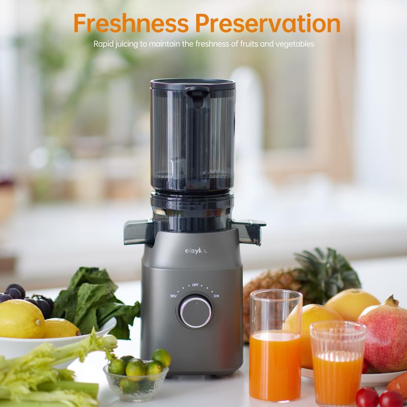 Product Introduction of Olayks Slow Masticating Juicer, Juice and Pulp Separator, Automatic Cold Press Juicer for Home, Large Chute Fruit Juice Extractor, Easy to Clean, gift 1