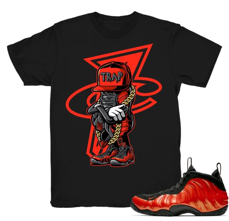 A graphic tee paired with sneakers Sneaker Therapy Sneaker Tee Foamposite One Habanero Red shi