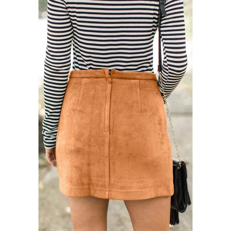 TikTok Shop Women s A line High Waist Mini Skirt with Pocket Button Front Faux Suede Skirt