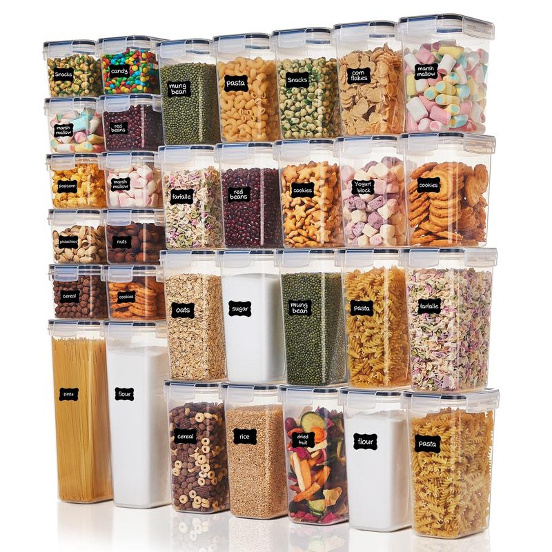 Vtopmart 32 / 24 / 15pcs Airtight Food Storage Containers Set, BPA Free Plastic Kitchen and Pantry Organization Canisters with Lids for Cereal, Dry Food, Flour and Sugar, Includes 24/32 Labels Utensils