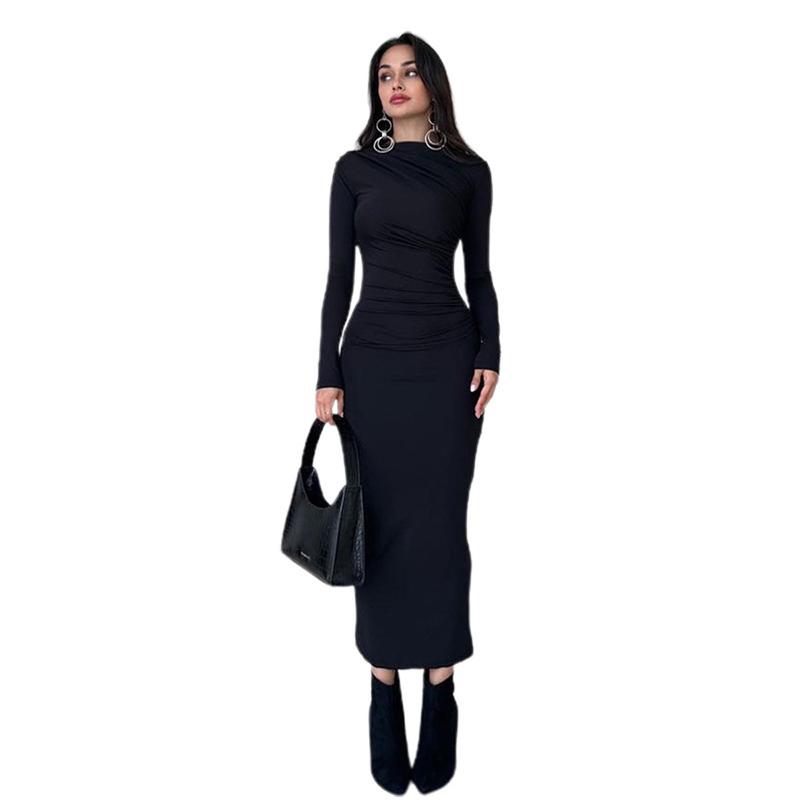 TikTok Shop FS355 Women Bodycon Maxi Dress Long Sleeve Back Slit Ruched Elegant Party Dresses