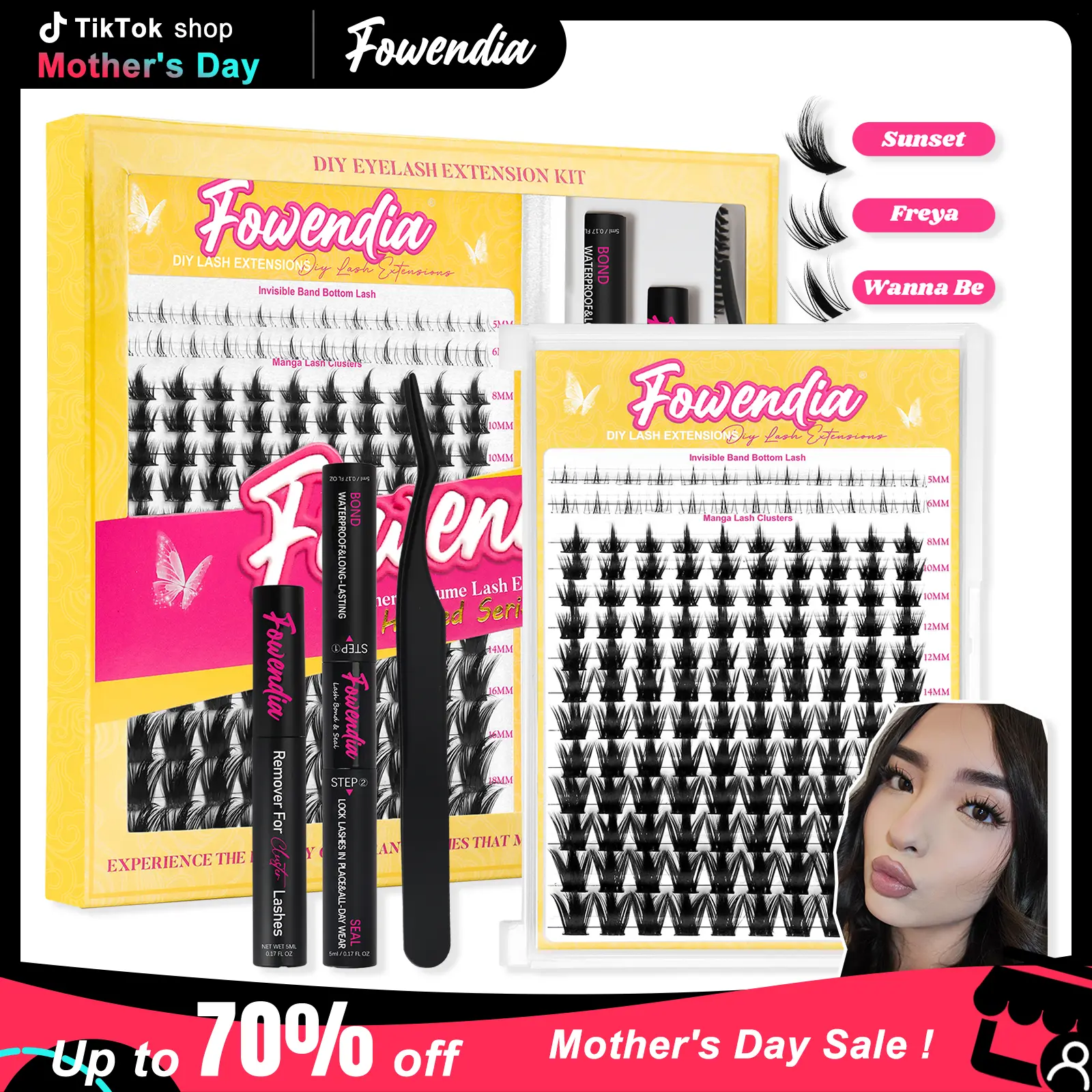 Fowendia California Sunset Wanna Be Freya Manga Lashes Cluster Lashes C D Curl DIY Lash Extension Kit and Lash Clusters 8-18mm with Bond Seal and Remover - Ultra-Thin Transparent Bands, Lash Magic Anime False Lash Extension Kit, Makeup Cosmetic