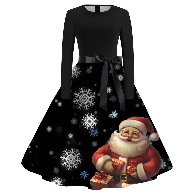 TikTok Shop Rockabilly Vintage Christmas Dress for Women Long Sleeve Santa Claus Tree Print Dress Perfect for Winter Holiday Celebrations