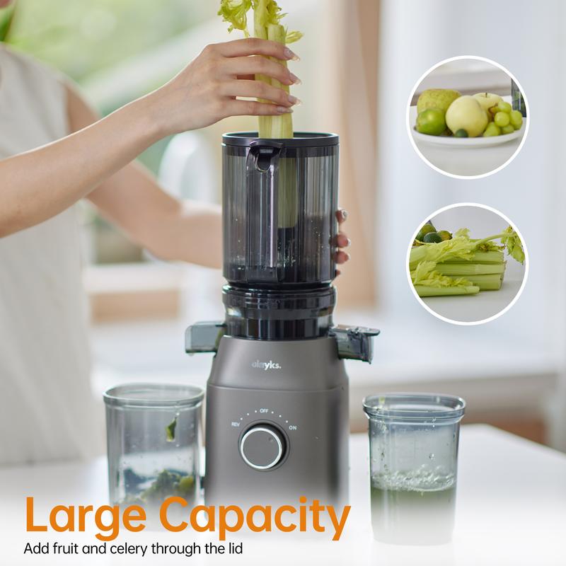 Product Introduction of Olayks Slow Masticating Juicer, Juice and Pulp Separator, Automatic Cold Press Juicer for Home, Large Chute Fruit Juice Extractor, Easy to Clean, gift 3