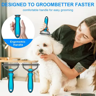 Pet Grooming Brush, 2 Sided Undercoat Rake Dog Grooming Rakes, Double ...