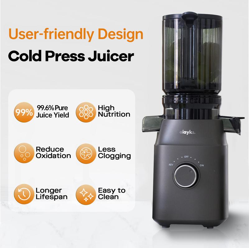 Product Introduction of Olayks Slow Masticating Juicer, Juice and Pulp Separator, Automatic Cold Press Juicer for Home, Large Chute Fruit Juice Extractor, Easy to Clean, gift 6