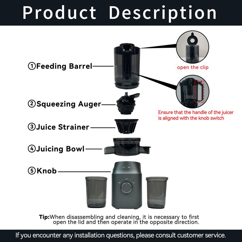 Product Introduction of Olayks Slow Masticating Juicer, Juice and Pulp Separator, Automatic Cold Press Juicer for Home, Large Chute Fruit Juice Extractor, Easy to Clean, gift 8