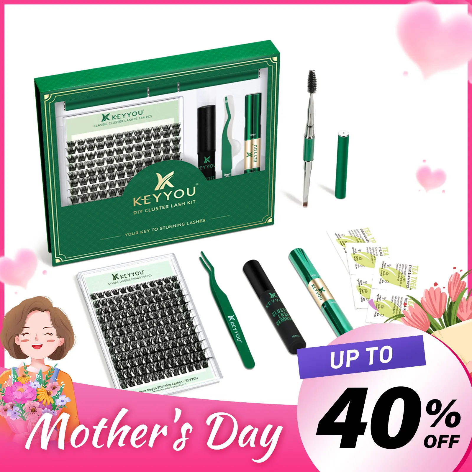 Mother's Day KEYYOU DIY Cluster Lashes Kit Volume Waterproof Long-Lasting Lash Extension Kit D Curl 8-18MIX Eyelash Extensions Cosmetic Makeup