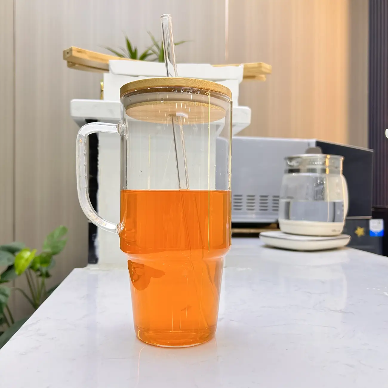 【Father's Day Gifts】 Glass 40 oz Tumbler with Bamboo & Plastic Lids, Handle & 2 Glass Straws - Clear Iced Coffee Cup, Hot/Cold Drinks for Home or Office, for Beer, Fits Car Cup Holder, Reusable & Sturdy– Dad's Gift Bottles Drinkware,Easter Eco Gift 2025
