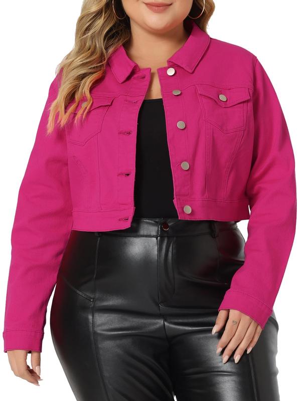 TikTok Shop Agnes Orinda Plus Size Button Closed Cropped Denim Jacket Hot Pink