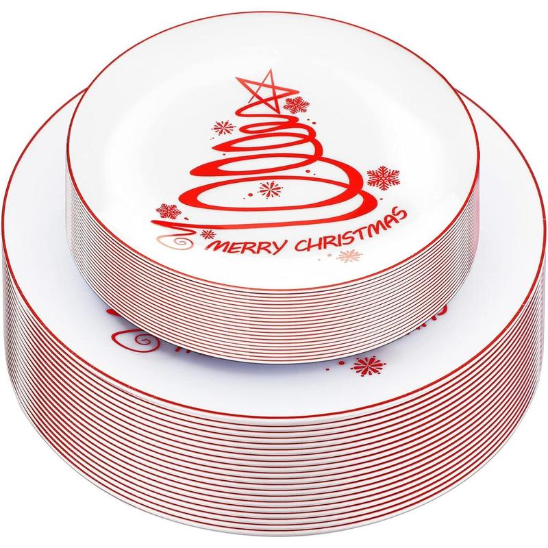 TikTok Shop 60 Pcs Christmas Plates Christmas Tree Plastic Plates Round Disposable Dessert Dinner Plates for Christmas Holiday Party Supplies 10.25 Inch and 7.5 Inch Red Cute Style