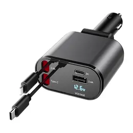 Retractable Car Charger, 4 in 1 Fast Car Phone Charger 60W, Retractable Cables and USB Car Charger,Compatible with iPhone 15/14/13/12/11,Galaxy,Pixel
