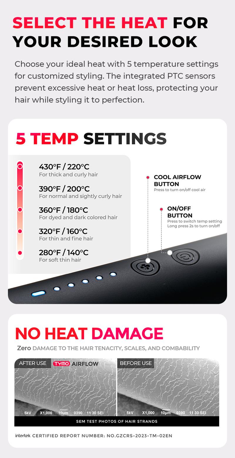 Product Introduction of TYMO AIRFLOW- Straightener and Curling Iron 2 in 1, Cold Air Negative Ionic Anti-scald Curling Wand  Long Short  Curler  Comfort Salon hairwaver hair styling tools wavy  talk  straightener 7