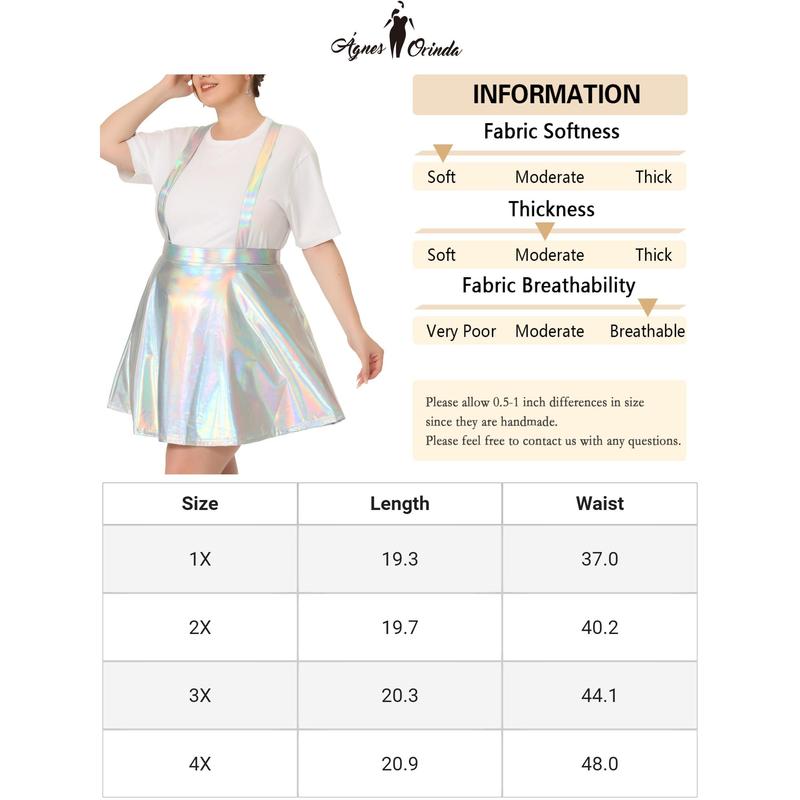 TikTok Shop Agnes Orinda Plus Size Shiny Metallic Suspender High Waisted Holographic Clubwear Skirt Silver