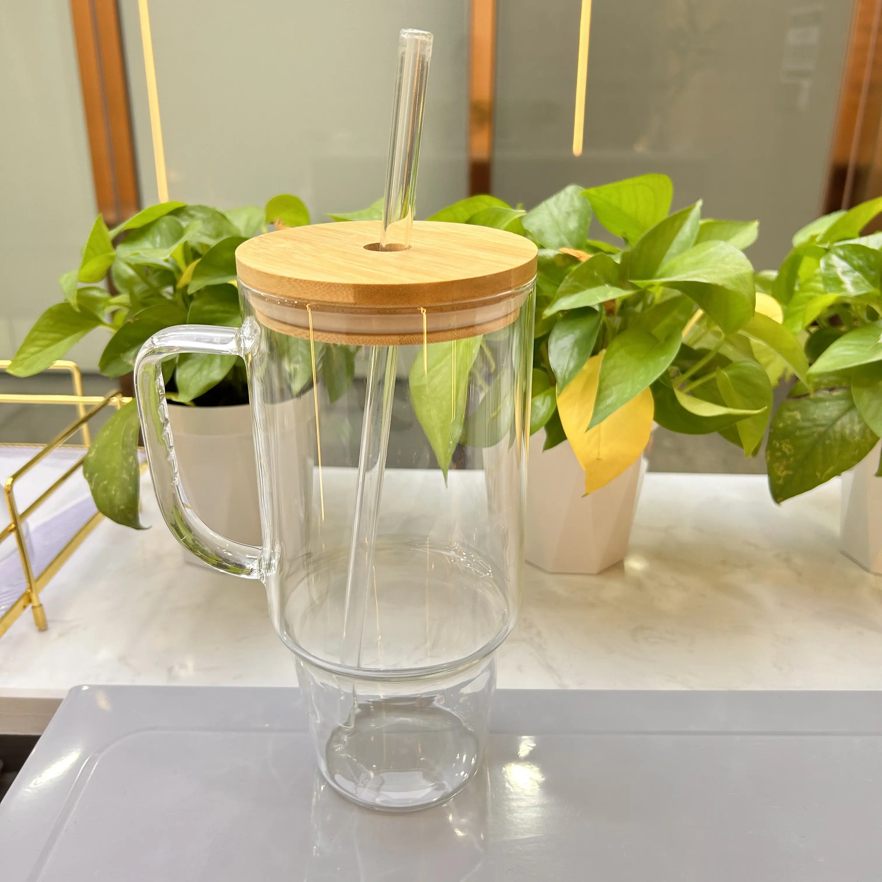 【Father's Day Gifts】 Gifts for Dad, Clear Glass Tumbler with Handle, 40 oz Travel Coffee Mug, Wide Mouth Smoothie Cup – Durable Drinkware Tumbler Bottle