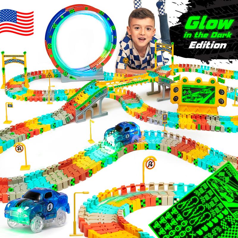 TikTok Shop Race Track Set Glow in The Dark Track Toy for Boys Girls Age 3 4 5 6 and 7 Outrun The Light and Create Thrilling Tracks with FlashTrack