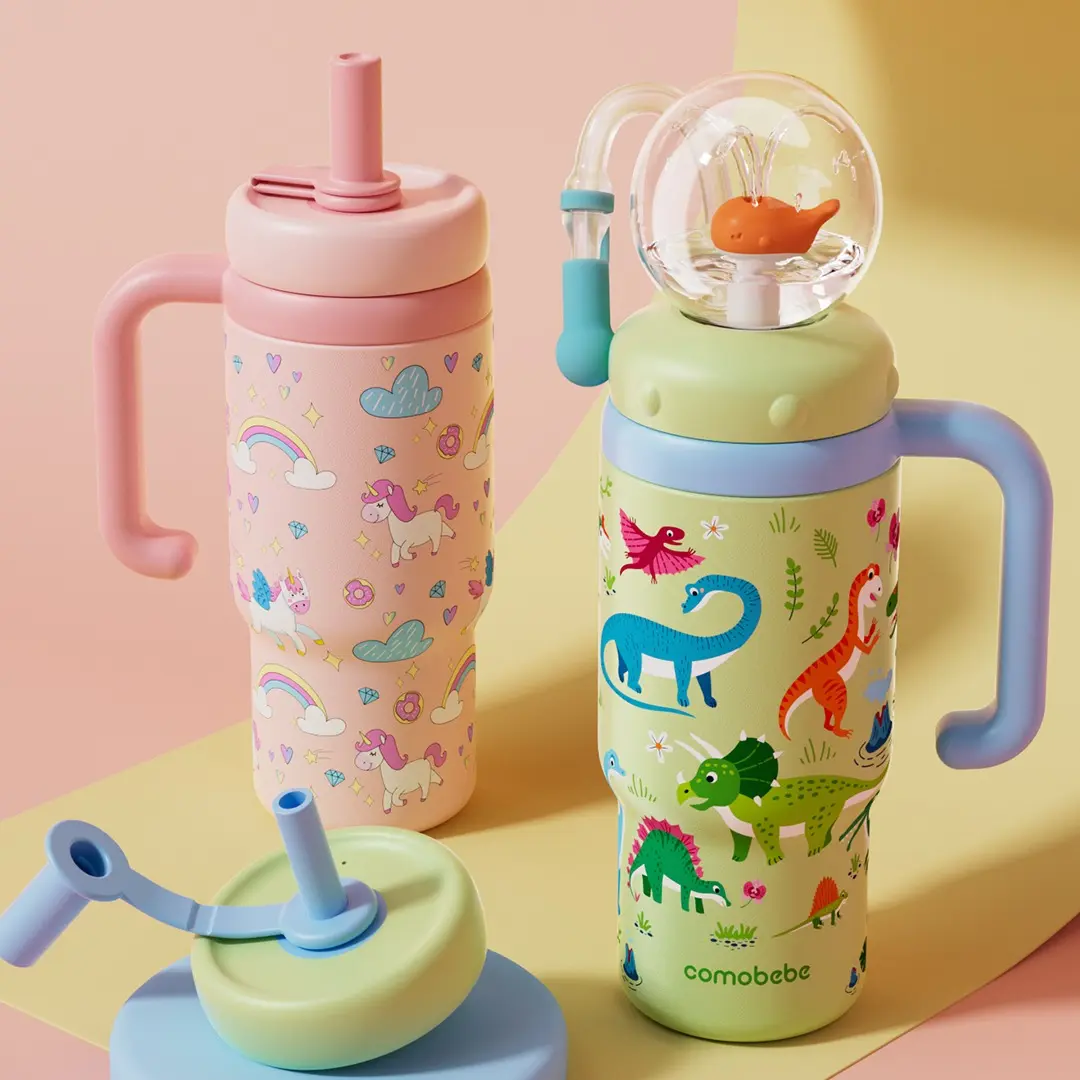 【COMOBEBE】24oz Stainless Steel Whale Fountain Tumbler with Handle – Two Lids, Spill-Proof, Dishwasher Safe, Cute & Perfect for Kids, Teens, and Adults