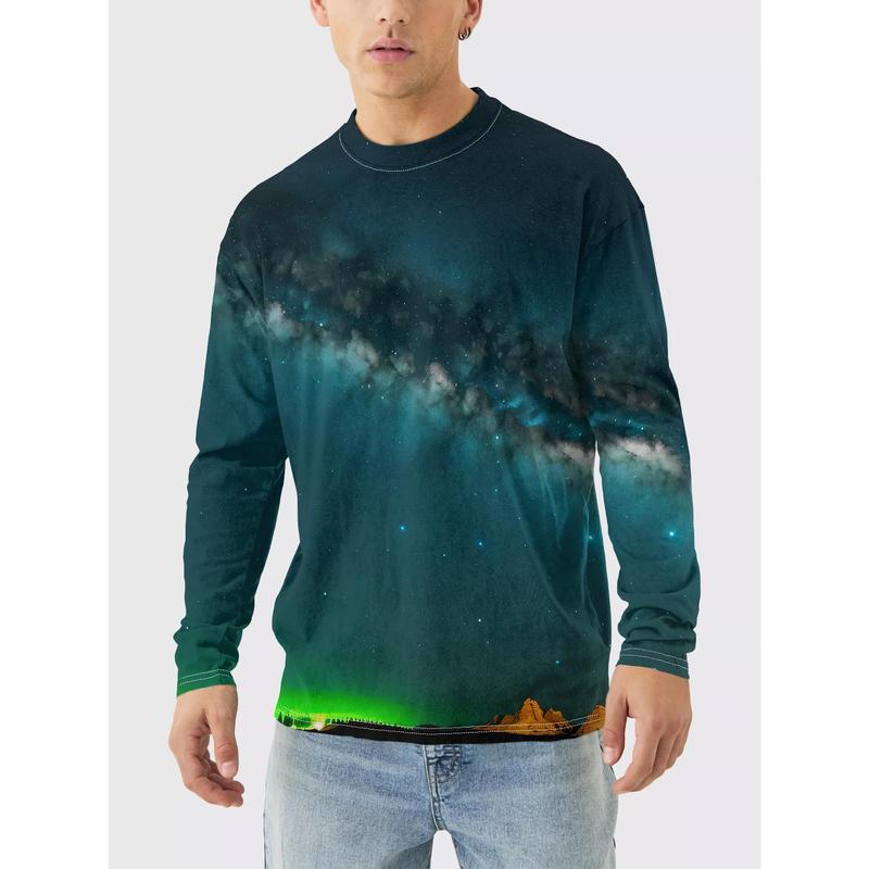 TikTok Shop Men s Galaxy Aurora 3D Print Crew Neck T Shirt Polyester Blend Long Sleeve Tee for Casual Wear Hiking Outdoors Regular Fit Slight Stretch Ideal for Spring Summer Fall