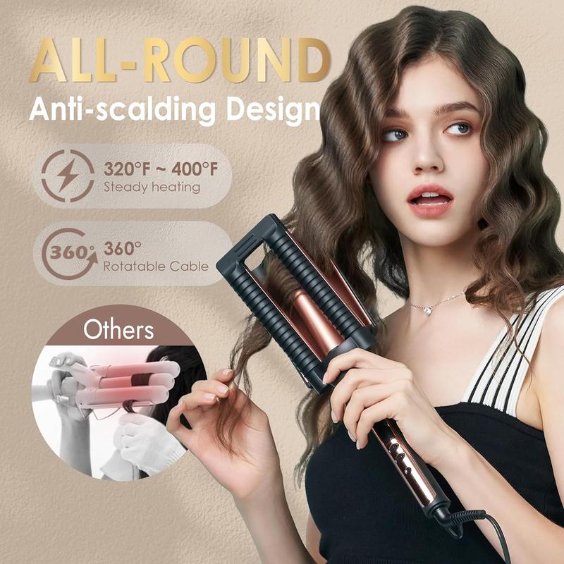 TikTok Shop 3 Barrel Waver Curling Iron Anti Scald Hair Crimper 1 inch Rapid Heating Curling Wand 3 Heat Settings Fast Heating Temp Adjustable Portable Hair Wave Crimper Hair Iron for Wide Deep Waves ...