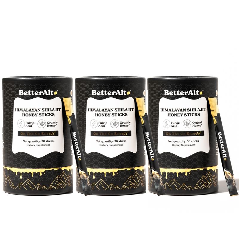 3 packs of betteralt gold+ shilajit honey sticks | caramel, cinnamon and classic flavors | helps boost energy | lab-tested for purity
