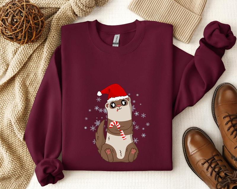 TikTok Shop Cute Ferret Christmas Sweatshirt Cozy Ferret Sweater Ferret Candy Cane Santa Hat Funny Animal Christmas Gift Winter Ferret Apparel