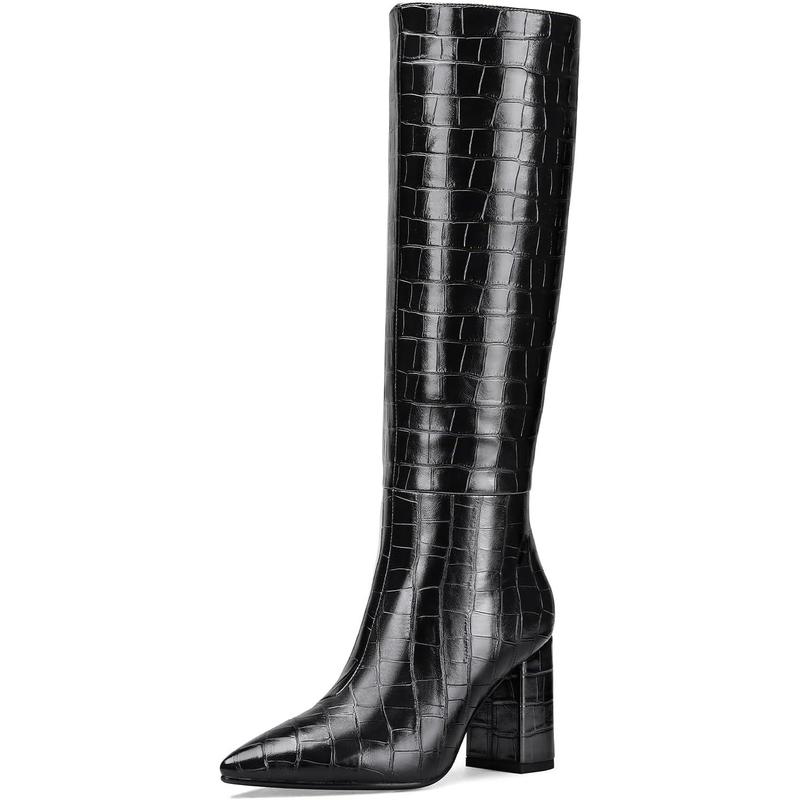 TikTok Shop Lumeheel Knee High Boots for Women Fashion Faux Crocodile Boots Wide Calf Tall Boots With Zipper Pointed Toe Chunky Heel