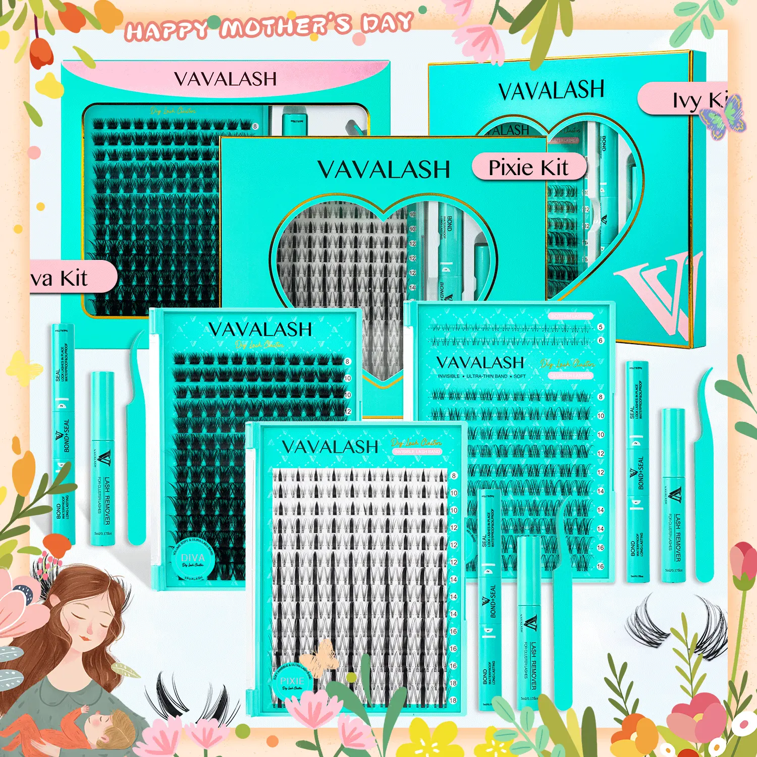 VAVA BEAUTY Wide Ultra-thin Invisible Lash Band, Ivy Daily Natural Individual Cluster Lash Kit, Pixie Manga Lash, Diva Fuffly Magic Clusters, Beginner Friendly,  Waterproof Lash bond For Girls Beauty Makeup At Home Eyelashes Cosmetic
