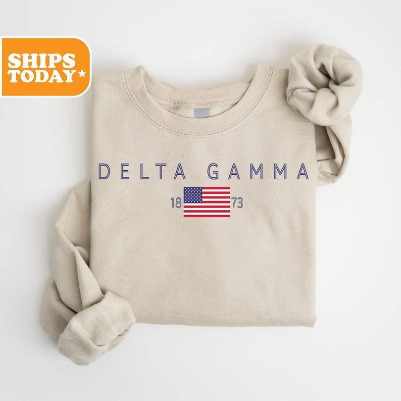 Patriot themed Pink Hoodie among various Delta Gamma Sorority Sweatshirt options and Greek Gifts