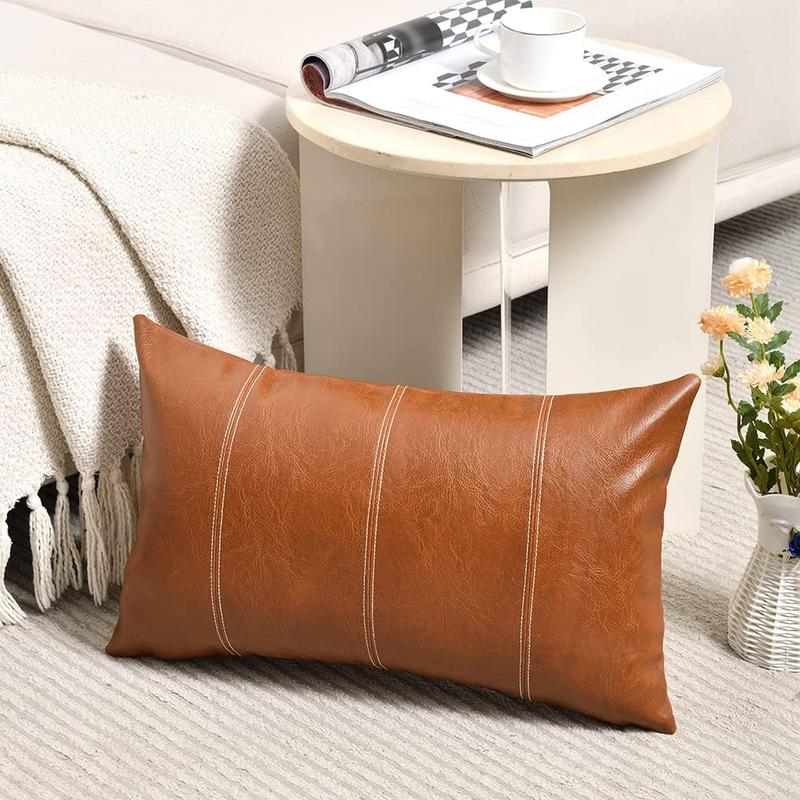 TikTok Shop 2 Packs Brown Boho Lumbar Faux Leather Decorative Throw Pillow Covers 12x20 Inch for Living Room Couch Bed Sofa Hand Stitched Rectangle Cushion Case Rustic Modern Farmhouse Home Decor