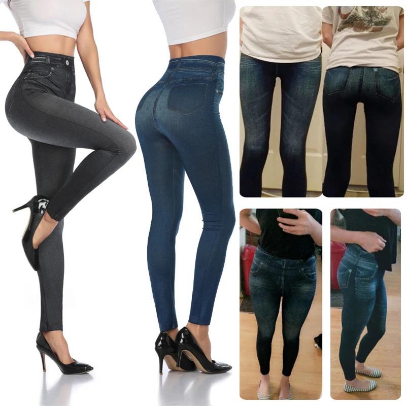 TikTok Shop Push Up Seamless High Waist Faux Denim Leggings Women Casual Elastic Pocket Jeans Print Pants Skinny Pencil Leggins Mujer