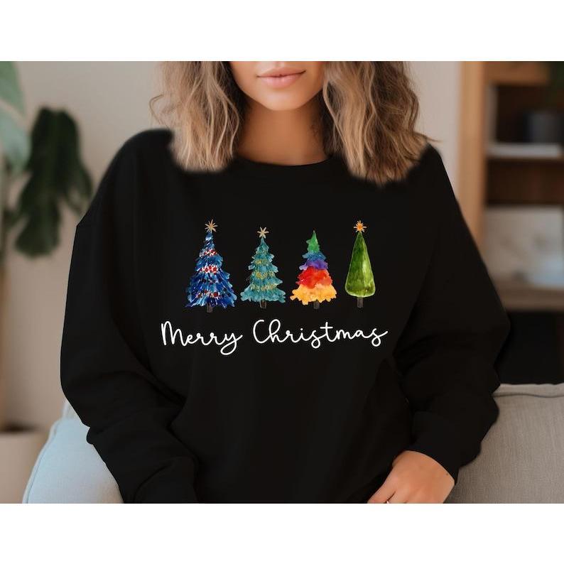 Vintage Christmas Tree Sweatshirt Christmas Apparel for Women Holiday Hoodie Colorful Tree Chr