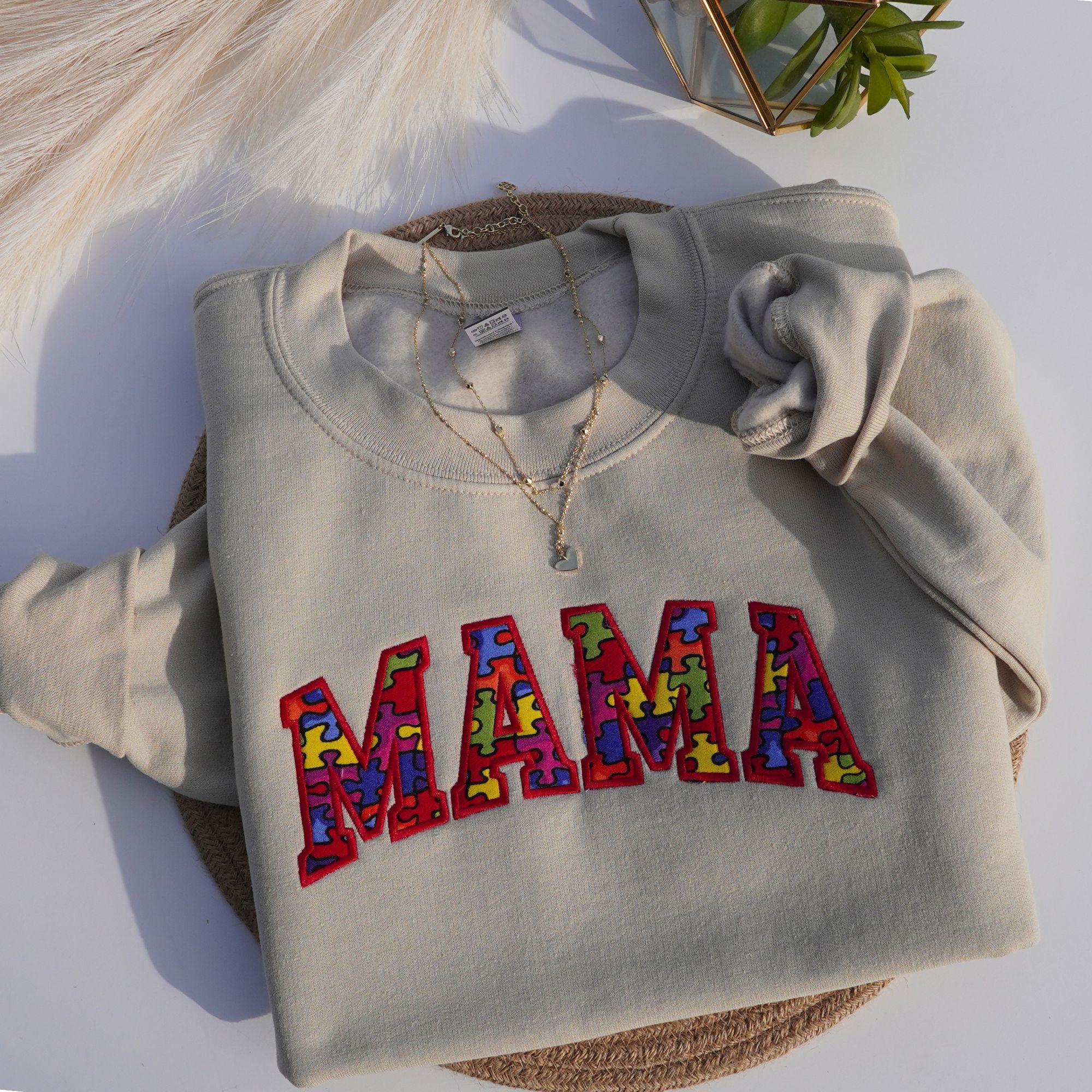 Autism Embroidered Mama Crewneck Sweatshirt Long Sleeve Womenswear