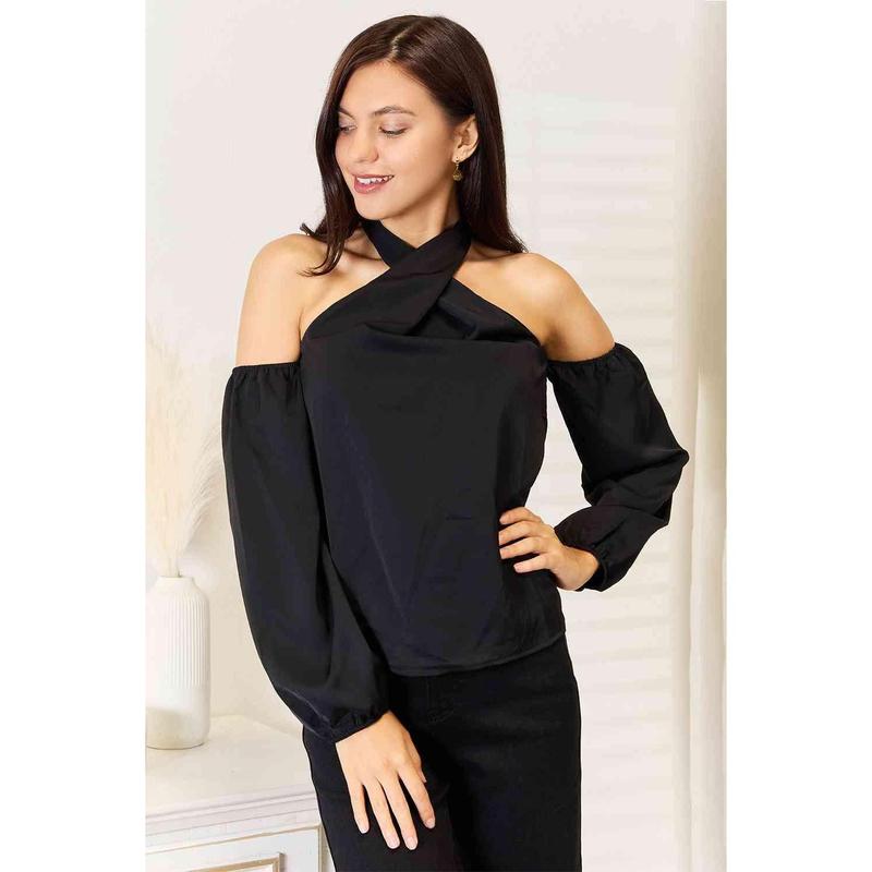 TikTok Shop Grecian Cold Shoulder Long Sleeve Blouse Elegant Polyester Shirts Top