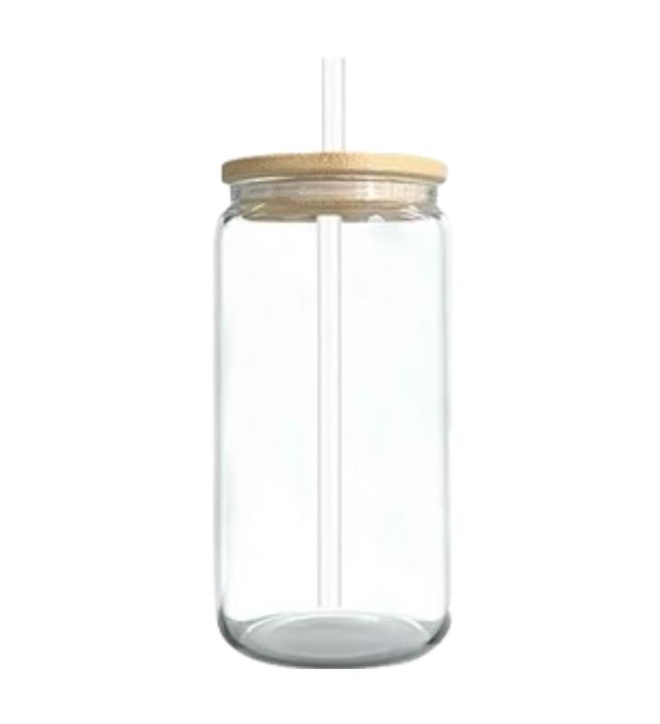 16oz Glass Can with Bamboo Lid and Straw