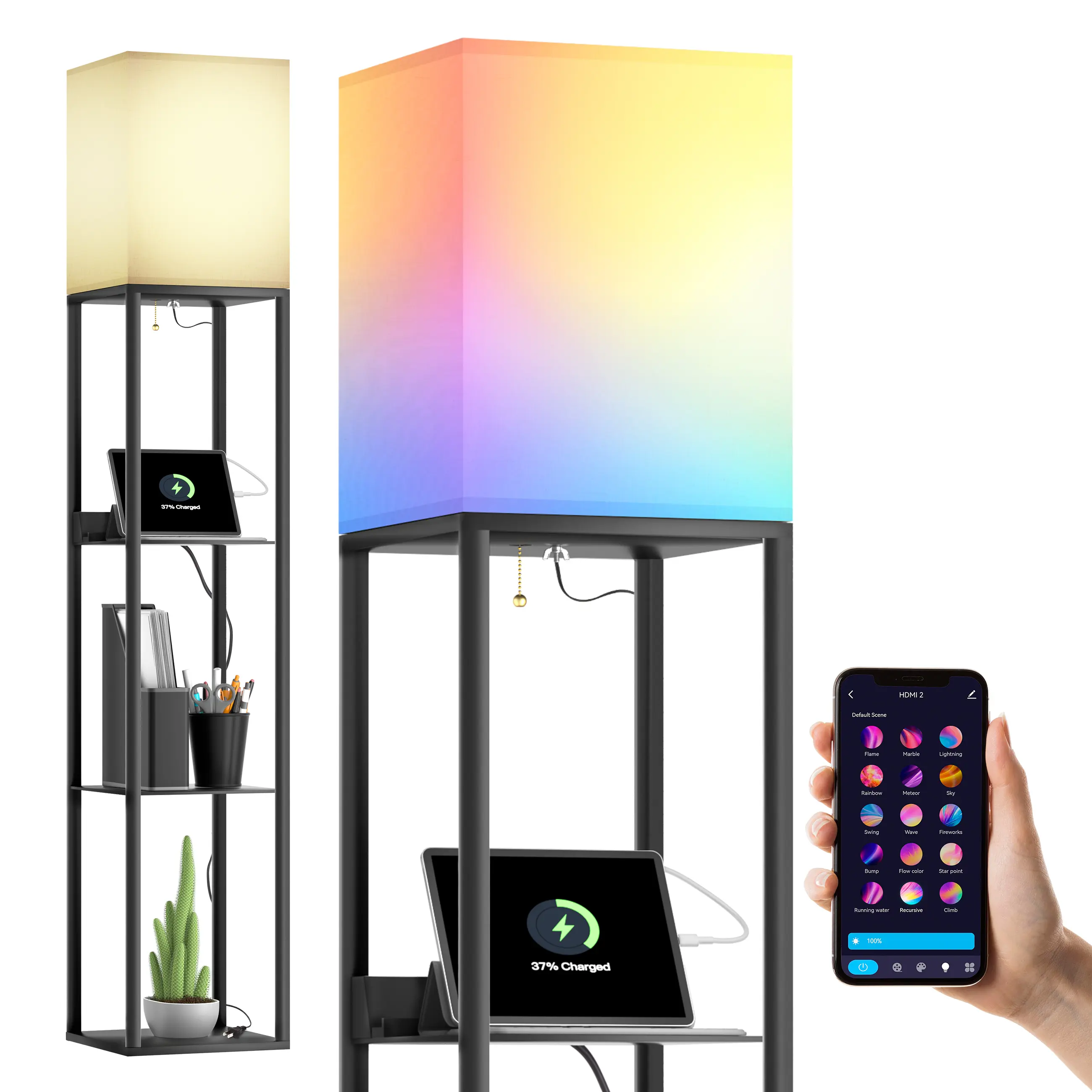 Floor Shelves, Smart RGB Compatible with Alexa, APP Controlled, Memory Function, Modern Floor Lamp with 3 Charging Ports, Shelf Lamp for Living Room, Bedroom and Office, NB-DL003